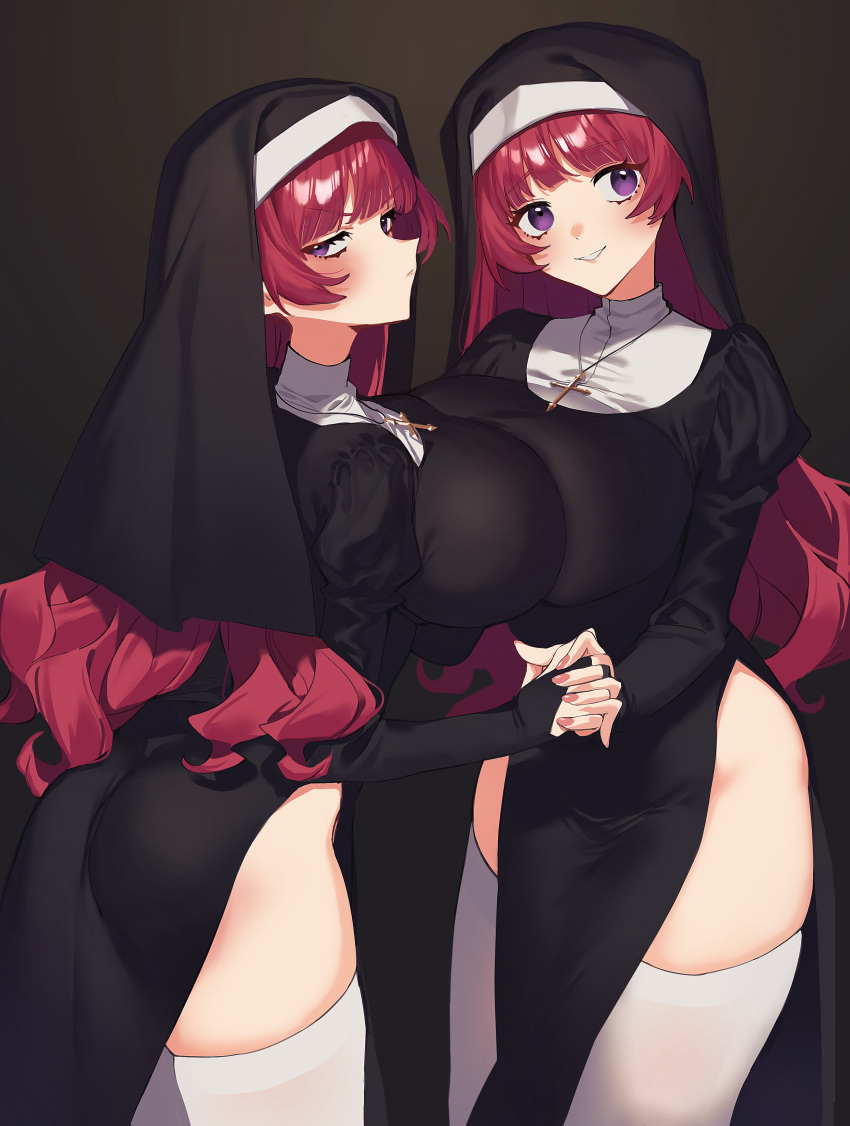 2girls 2l_(2lsize) absurdres ass bangs black_dress breast_press breasts bridal_gauntlets closed_mouth cross cross_necklace dress habit highres holding_hands interlocked_fingers jewelry large_breasts long_hair long_sleeves multiple_girls nail_polish necklace nun original purple_hair red_hair red_nails side_slit simple_background smile standing thighhighs thighs very_long_hair white_thighhighs