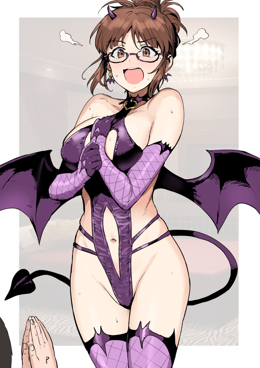 1boy 1girl :o akizuki_ritsuko blush breasts brown_hair cleavage_cutout clothing_cutout collarbone demon_horns demon_tail demon_wings embarrassed folded_ponytail full-face_blush groin highres horns idolmaster idolmaster_(classic) idolmaster_million_live! large_breasts looking_at_another navel navel_cutout own_hands_together praying producer_(idolmaster) purple_one-piece_swimsuit purple_thighhighs skindentation steam sweatdrop swimsuit tail thighhighs tsurui wings