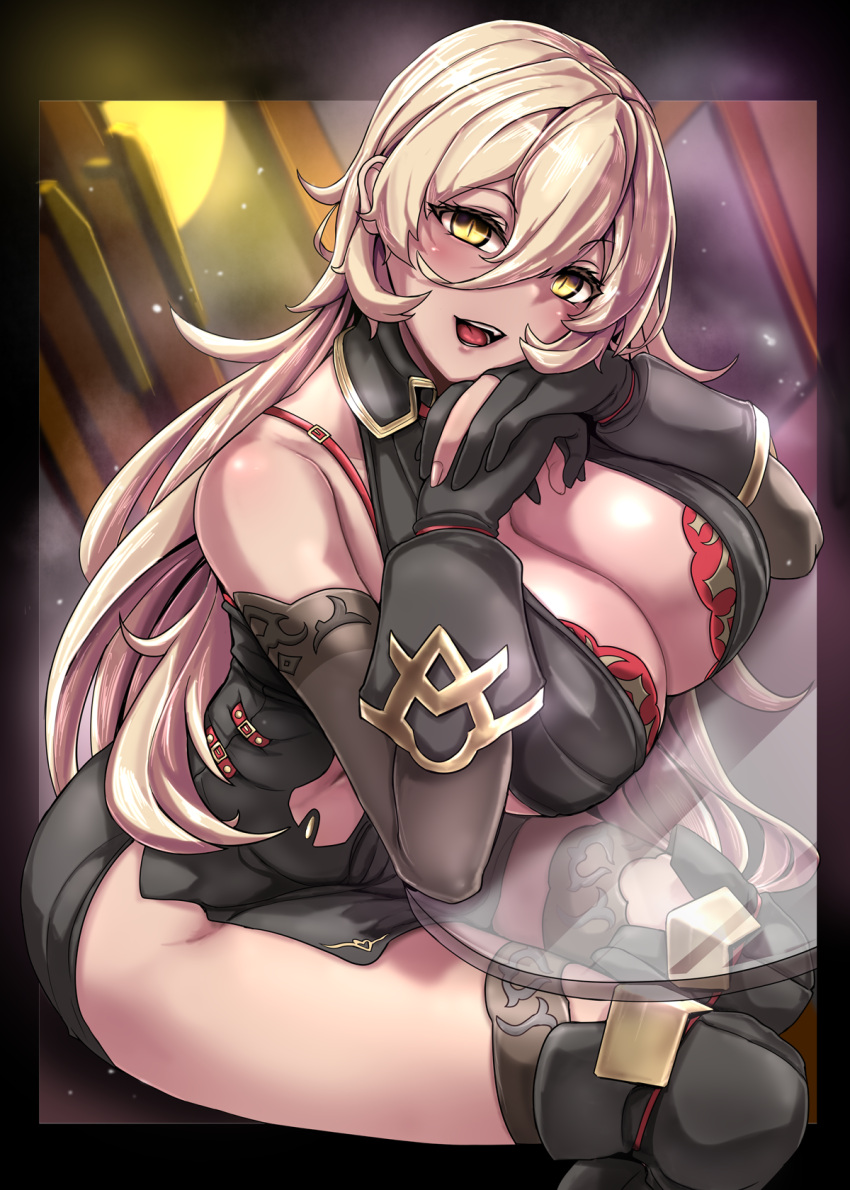 1girl bangs bare_shoulders black_gloves black_thighhighs blonde_hair blush breasts cleavage commentary_request gloves hair_between_eyes highres large_breasts long_hair looking_at_viewer navel nijisanji nui_sociere open_mouth sitting smile solo thighhighs thighs virtual_youtuber yaruku yellow_eyes