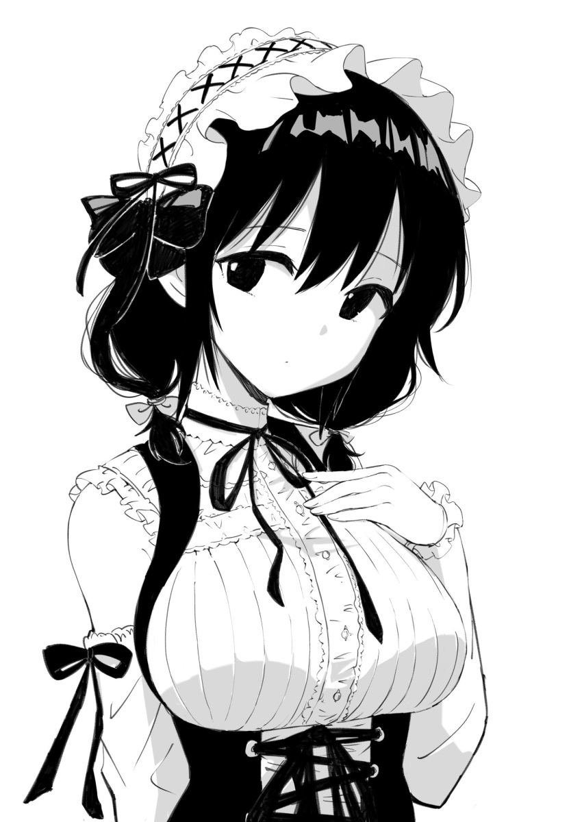 1girl alternate_costume bangs breasts buttons center_frills closed_mouth corset detached_sleeves enmaided expressionless frilled_shirt frills greyscale hair_between_eyes hair_ribbon hand_up highres kajino_(aosansai) large_breasts long_sleeves looking_at_viewer low_twintails maid maid_headdress medium_hair monochrome neck_ribbon ribbon scrunchie shirt simple_background sleeveless sleeveless_shirt solo tamura_yuri twintails upper_body watashi_ga_motenai_no_wa_dou_kangaetemo_omaera_ga_warui! white_background