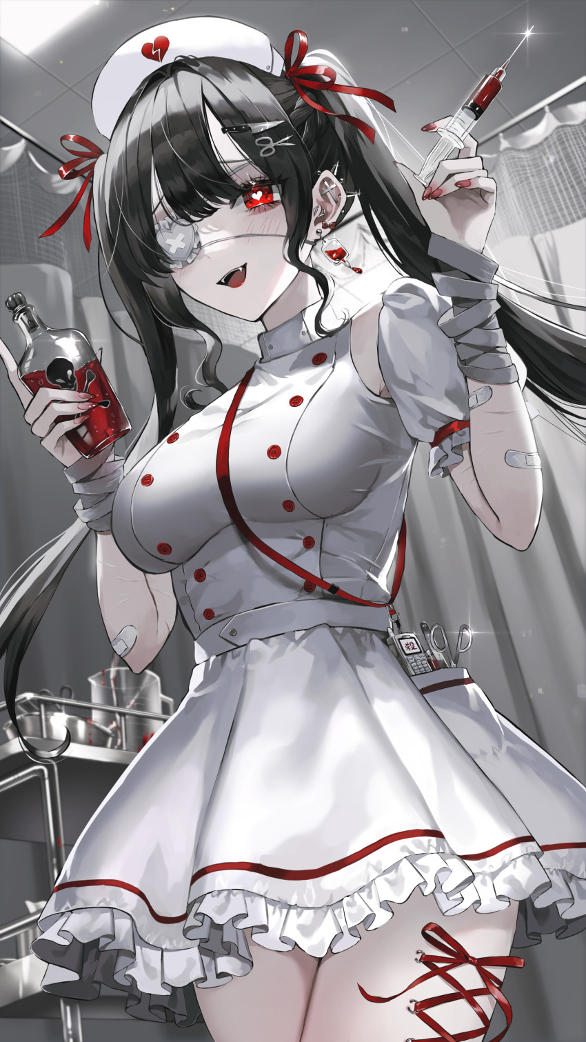 1girl absurdres bandages black_hair bottle earrings eyepatch fangs hat highres holding holding_bottle jewelry long_hair nurse nurse_cap open_mouth original piercing red_eyes red_ribbon ribbon short_sleeves smile syringe twintails yumeno_yume