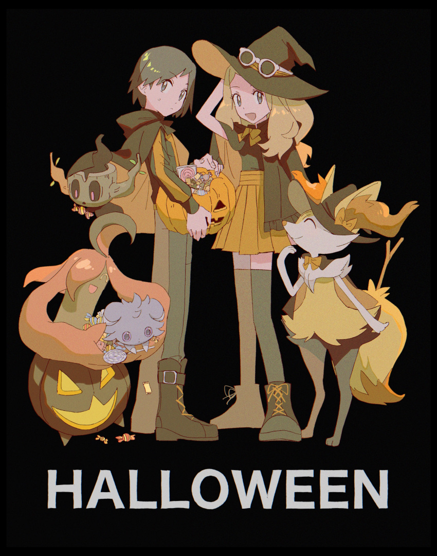 1boy 1girl absurdres adapted_costume arm_up asagiri_kogen bangs blonde_hair boots braixen calem_(pokemon) candy candy_wrapper closed_mouth commentary espurr eyewear_on_headwear food gourgeist halloween hat highres jack-o'-lantern long_hair pants phantump pleated_skirt pokemon pokemon_(creature) pokemon_(game) pokemon_xy serena_(pokemon) short_hair skirt standing sunglasses sweatdrop symbol-only_commentary thighhighs witch_hat