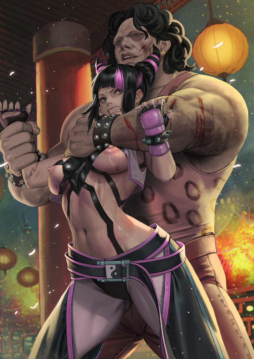 1boy 1girl arm_hair black_hair bleeding blood breasts breasts_out cum cum_in_pussy final_fight hair_horns han_juri highres holding_another's_wrist hugo_andore jeneral multicolored_hair navel scratches stomach streaked_hair street_fighter street_fighter_6 toned