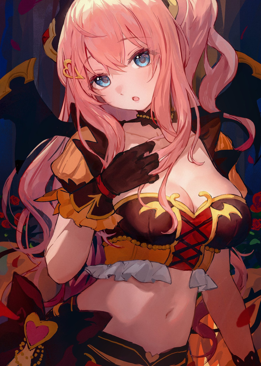 1girl bangs bare_shoulders blue_eyes blush breasts cleavage demon_girl demon_horns halloween_costume highres horns large_breasts long_hair looking_at_viewer open_mouth princess_connect! side_ponytail sidelocks solo suzuna_(halloween)_(princess_connect!) suzuna_(princess_connect!) takeashiro