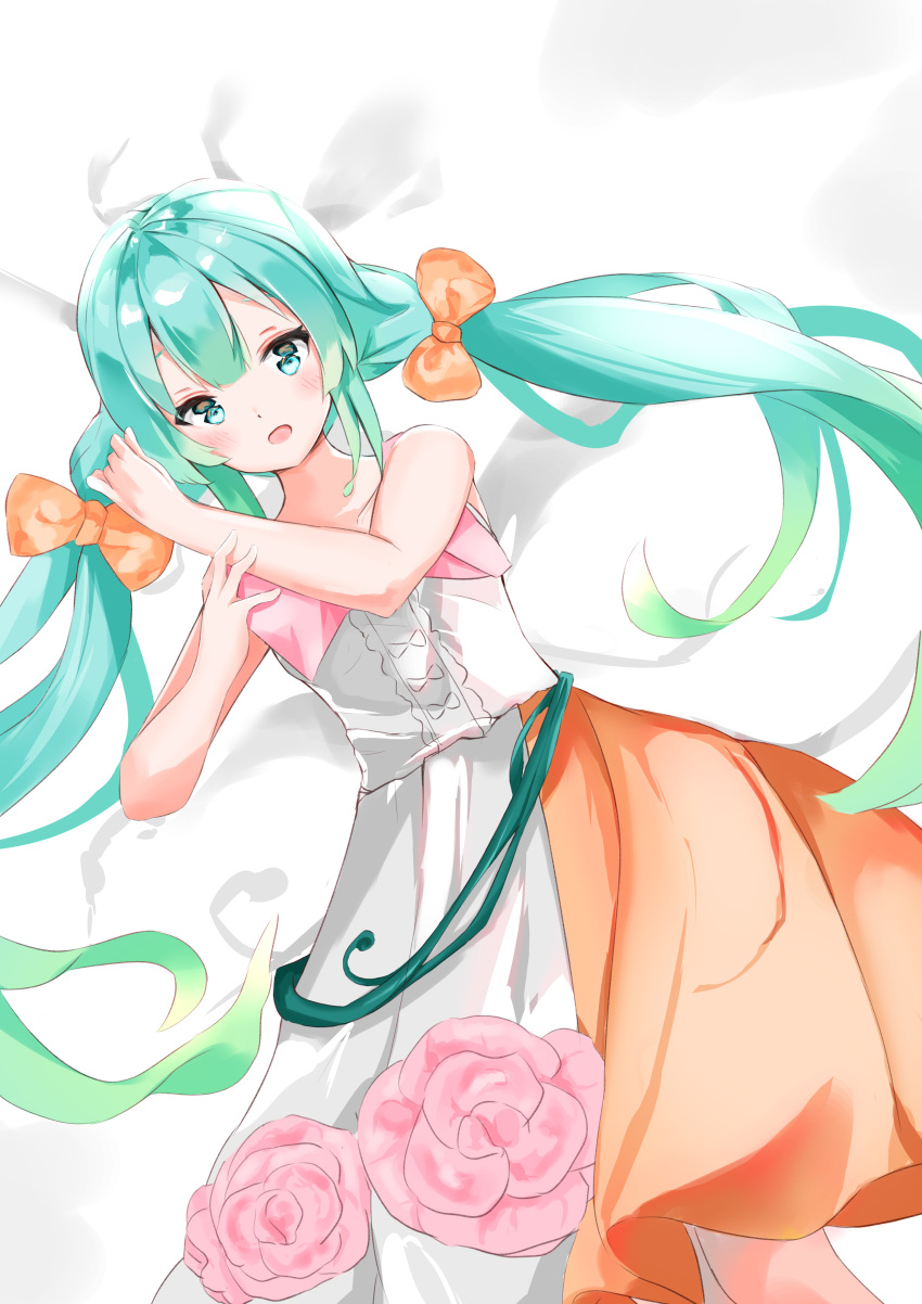 1girl absurdres bangs bare_arms bare_shoulders bed_sheet bow collarbone commentary_request dress flower green_eyes green_hair hair_bow hands_up hatsune_miku highres long_hair orange_bow pink_flower pink_rose rose solo twintails very_long_hair vocaloid white_dress yukaa