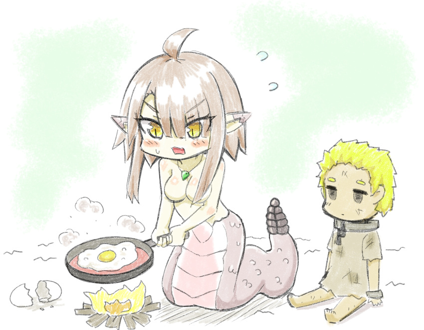 ahoge amulet animal_humanoid apode big_breasts blonde_hair breasts brown_hair campfire clothed clothing cookware digital_media_(artwork) dirty_clothing draconcopode dull_eyes duo egg egg_shell female fire frying_pan greenteaneko hair hi_res human humanoid humanoid_pointy_ears kitchen_utensils lamia legless light_body light_skin male male/female mammal nippleless rattle_(anatomy) reptile scalie serpentine snake split_form tools topless