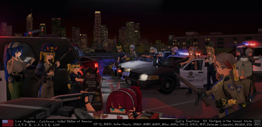 6+girls aa-12_(girls'_frontline) absurdres america animal_ears baseball_cap belt beret black_footwear black_gloves black_hair blonde_hair blue_coat blue_jacket blue_pants blue_shirt brown_hair brown_shirt building california_highway_patrol car chevrolet chevrolet_tahoe coat commentary_request copyright_name defender_(girls'_frontline) dodge dodge_charger dog dongdong_(0206qwerty) dp-12_(girls'_frontline) eyewear_on_head fingerless_gloves ford ford_crown_victoria ford_explorer girls'_frontline gloves goggles goggles_on_head green_pants grey_hair grey_pants grey_shirt ground_vehicle gun hair_ornament handgun hat headlight headphones highres holding holding_gun holding_tablet_pc holding_weapon hsm10_(girls'_frontline) jacket k9 ksg_(girls'_frontline) liberator_(girls'_frontline) long_hair long_sleeves los_angeles_county_sheriff's_department los_angeles_police_department m1887_(girls'_frontline) m1897_(girls'_frontline) m37_(girls'_frontline) m500_(girls'_frontline) m590_(girls'_frontline) m6_asw_(girls'_frontline) m870_(girls'_frontline) motor_vehicle multiple_girls necktie night night_sky open_clothes open_jacket outdoors pants patch peaked_cap pickup_truck police police_badge police_car police_hat police_uniform policewoman reflection riot_shield road shield shirt shoes short_hair short_sleeves shotgun six12_(girls'_frontline) sky skyscraper sports_utility_vehicle star_(symbol) star_hair_ornament sunglasses super-shorty_(girls'_frontline) tablet_pc tank_top truck uniform utility_belt walkie-talkie weapon white_hair white_tank_top