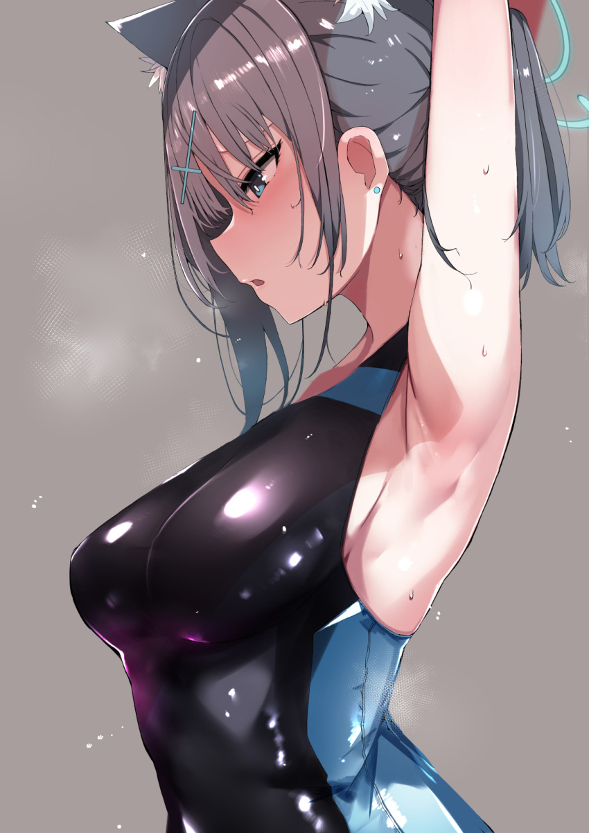 1girl animal_ear_fluff animal_ears armpits arms_up black_one-piece_swimsuit blue_archive competition_swimsuit cross_hair_ornament extra_ears grey_hair hair_ornament halo highleg highleg_swimsuit highres medium_hair multicolored_clothes multicolored_swimsuit muoto official_alternate_costume one-piece_swimsuit ponytail shiroko_(blue_archive) shiroko_(swimsuit)_(blue_archive) swimsuit two-tone_swimsuit wolf_ears
