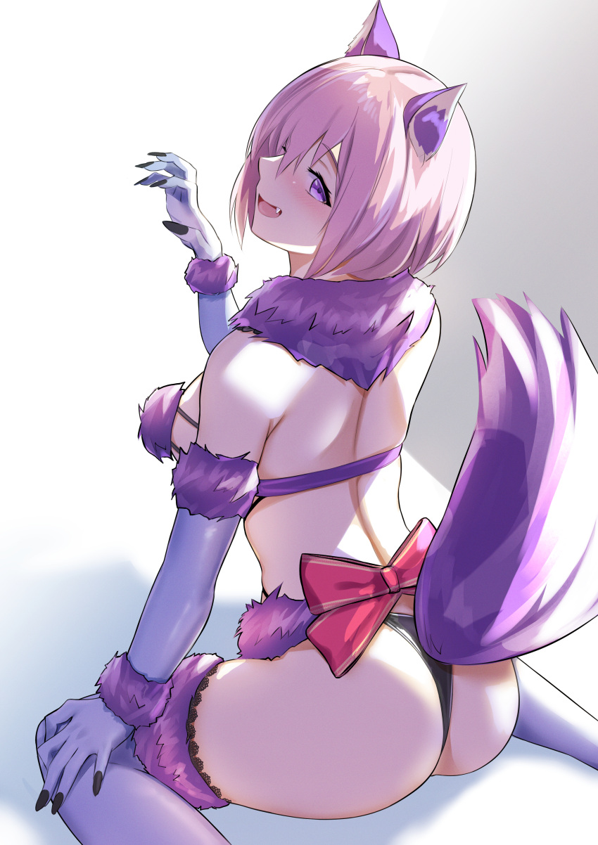 1girl absurdres animal_ears ass bangs bare_shoulders bee_doushi bow breasts claw_pose elbow_gloves fate/grand_order fate_(series) fur-trimmed_gloves fur-trimmed_legwear fur_collar fur_trim gloves hair_over_one_eye highres lace-trimmed_legwear lace_trim large_breasts light_purple_hair looking_at_viewer looking_back mash_kyrielight mash_kyrielight_(dangerous_beast) open_mouth pink_bow purple_eyes purple_gloves purple_thighhighs revealing_clothes shadow short_hair sitting smile solo tail thighhighs wariza wolf_ears wolf_tail