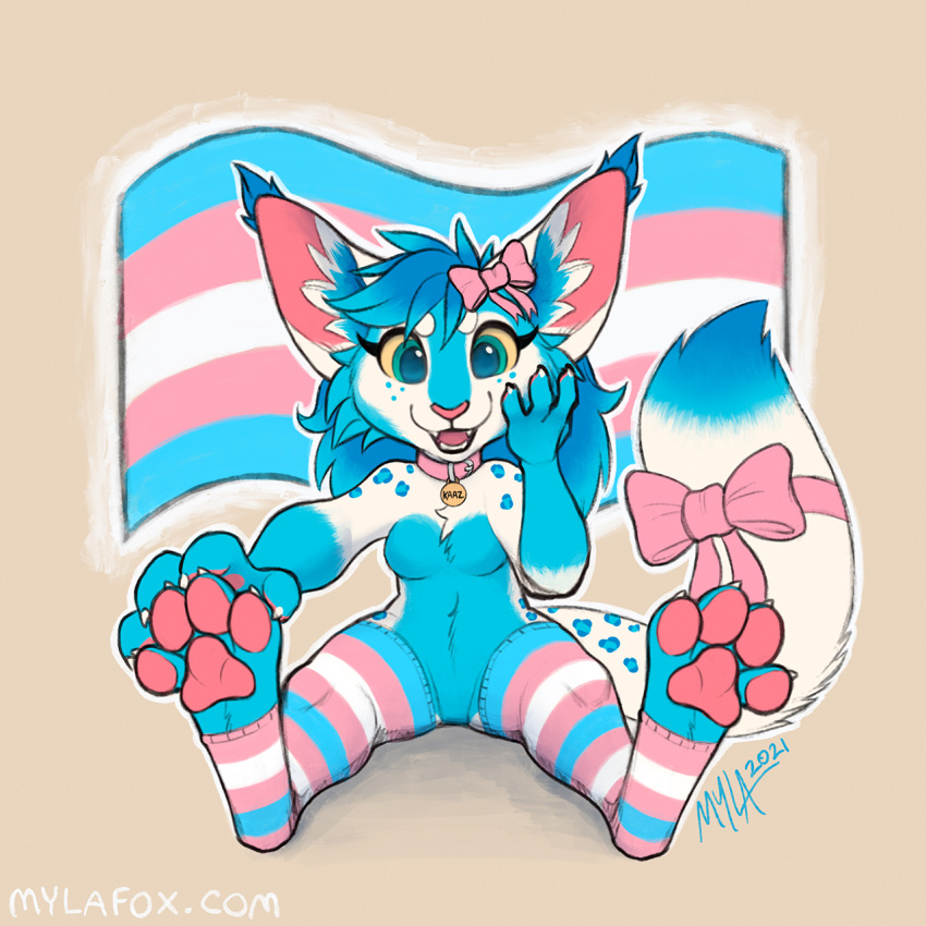 1:1 2021 anthro blue_body blue_clothing blue_eyes blue_fur blue_hair blue_legwear breasts clothing featureless_breasts featureless_crotch felid female flag front_view fur glistening glistening_eyes hair hand_on_face happy hi_res legwear looking_at_viewer mammal markings mostly_nude mylafox open_mouth open_smile pattern_clothing pattern_legwear pawpads pink_clothing pink_legwear pink_pawpads signature simple_background sitting smile solo spots spotted_body spotted_fur spotted_markings spotted_tail spread_legs spreading striped_clothing striped_legwear stripes tail_markings text url white_body white_clothing white_fur white_legwear yellow_sclera
