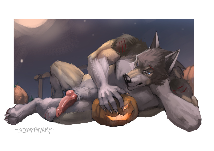 2022 absurd_res anthro blue_eyes canid canine digital_media_(artwork) food fruit hi_res male mammal nude plant pumpkin rakan scar scrappyvamp solo were werecanid werecanine werewolf