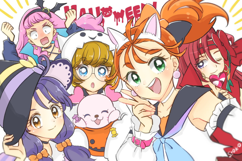 5girls :o adjusting_clothes adjusting_headwear animal_ears artist_name asymmetrical_bangs background_text bangs bat_hair_ornament black_headwear black_sailor_collar blue_eyes blue_hair blue_neckerchief blunt_bangs bob_cut bow brown_eyes brown_hair candy cat_ears clenched_hands cloak closed_mouth commentary_request constricted_pupils detached_sleeves earrings english_text fake_animal_ears food ghost_costume glasses green_eyes grin hair_bow hair_ornament hair_ribbon halloween halloween_bucket halloween_costume hat headband heart holding holding_candy holding_food holding_lollipop hood hood_up hooded_cloak ichinose_minori jewelry kururun_(precure) laura_la_mer lollipop long_hair looking_at_viewer low_twintails medium_hair multiple_girls natsuumi_manatsu neckerchief open_mouth orange_bow orange_hair orange_ribbon partial_commentary pink_hair pose precure purple_eyes red_bow red_hair red_headband ribbon rimless_eyewear round_eyewear sailor_collar shirt short_hair side_ponytail signature siosio_808 sleeveless sleeveless_shirt smile suzumura_sango takizawa_asuka tropical-rouge!_precure twintails v white_sleeves witch_hat