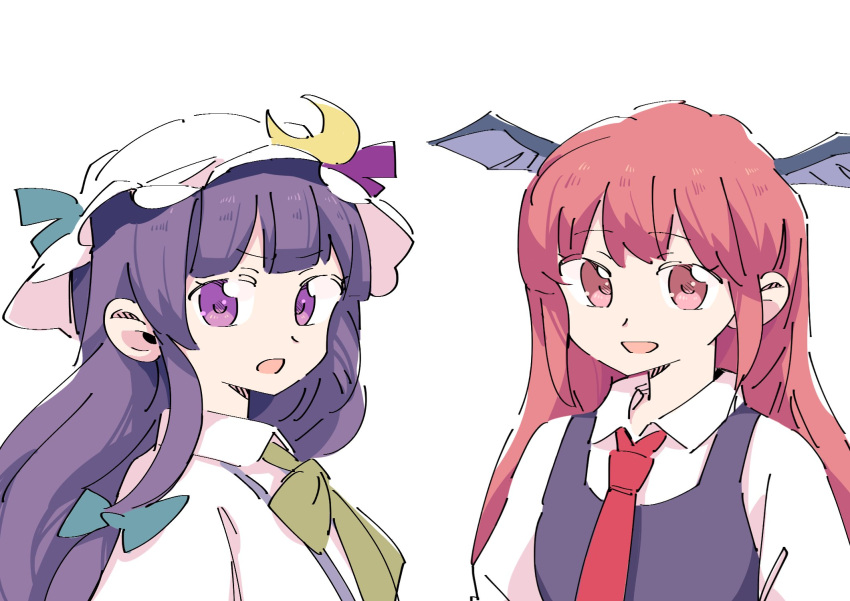 2girls :d akuma bangs blunt_bangs crescent hat head_wings highres koakuma long_hair looking_at_viewer multiple_girls necktie open_mouth patchouli_knowledge purple_eyes purple_hair red_hair simple_background smile touhou white_background wings