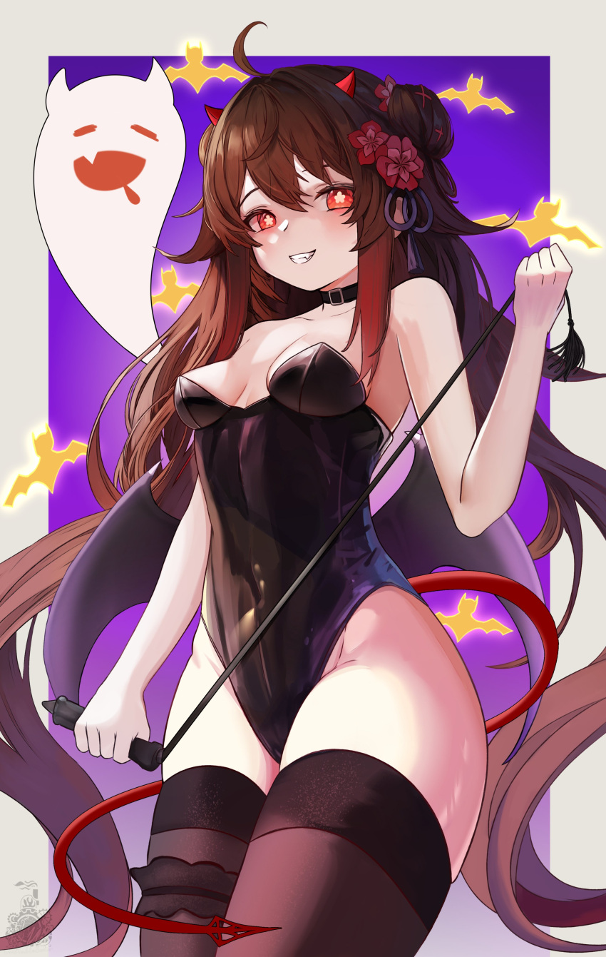 1girl absurdres bare_shoulders black_choker black_leotard boo_tao_(genshin_impact) breasts brown_hair choker cleavage covered_navel cowboy_shot demon_girl demon_horns demon_tail demon_wings english_commentary fang flower-shaped_pupils genshin_impact halloween_costume highleg highleg_leotard highres horns hu_tao_(genshin_impact) leotard looking_at_viewer medium_breasts red_eyes simple_background smile solo standing strapless strapless_leotard symbol-shaped_pupils tail thighhighs thighs twintails unstableboiler whip wings