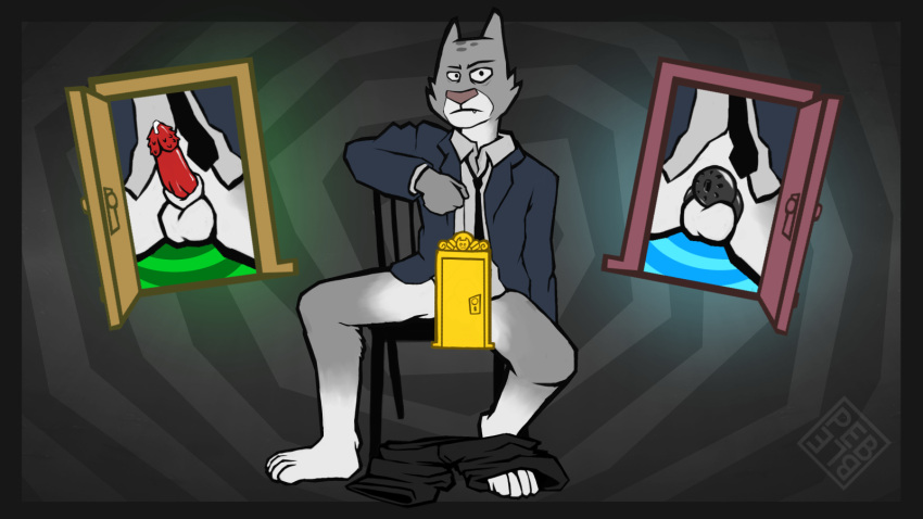 anthro bottomless bottomless_male chastity_cage chastity_device clothed clothing erection genitals hi_res jackbox_games male mayonnaise_(jackbox) pebblemakes penile_spines penis solo split_the_room the_jackbox_party_pack