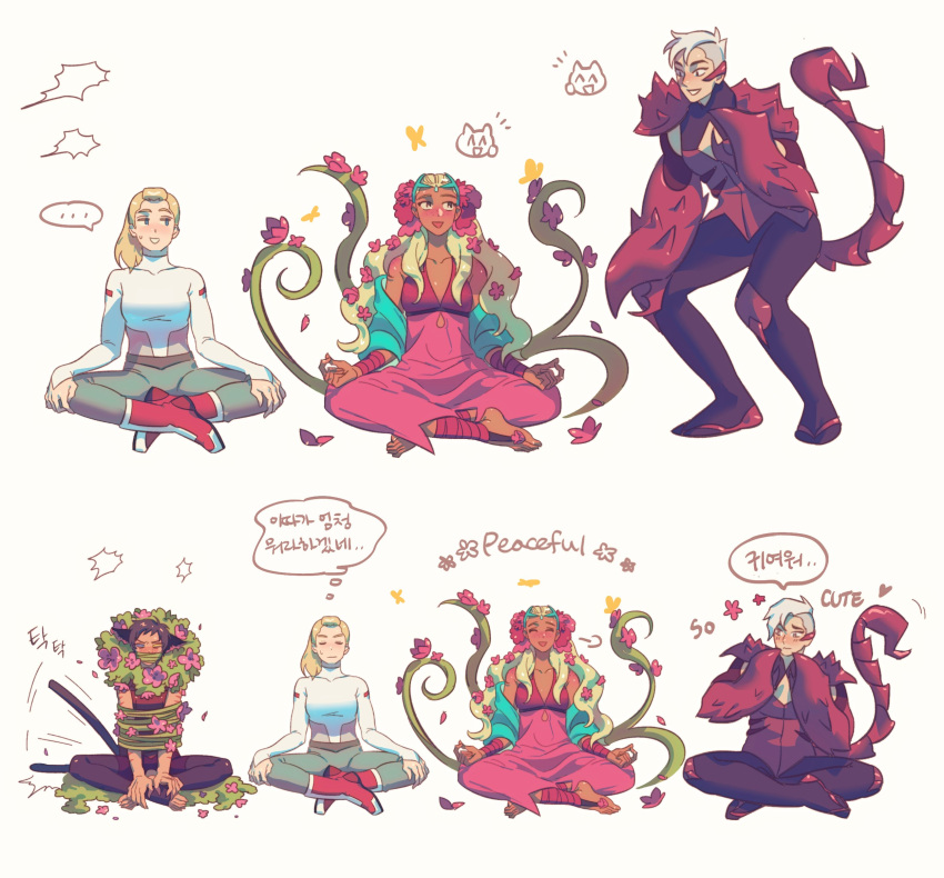 ... 4girls adora_(she-ra) animal_ears arthropod_girl blonde_hair blue_sclera blush brown_hair cat_ears cat_tail catra claws colored_sclera flower hair_flower hair_ornament highres long_hair meditation medium_hair mismatched_sclera mixed-language_text mondaykilly multiple_girls perfuma_(she-ra) restrained scorpia scorpion_girl scorpion_tail she-ra_and_the_princesses_of_power spoken_ellipsis tail tail_wagging thought_bubble translation_request yellow_sclera