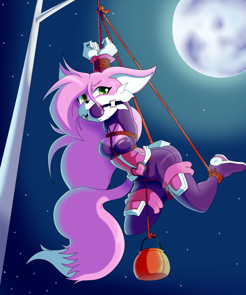 2017 absurd_res anthro arms_tied ball_gag bdsm bodily_fluids bound boundlightning canid canine canis cosplay crotch_rope digital_drawing_(artwork) digital_media_(artwork) dipstick_tail embarrasment embarrassed eyebrows eyelashes fur gag hi_res jasmine_(boundlightning) looking_back mammal markings moon night outside pink_body pink_fur rope rouge_the_bat sega solo sonic_the_hedgehog_(series) suspension sweat sweatdrop tail_markings white_inner_ear wolf