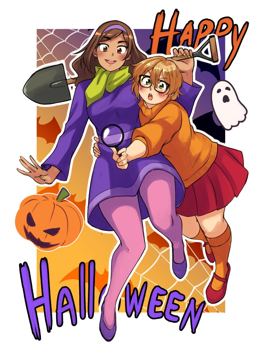 2girls absurdres akiosketch bat_(animal) blush brown_hair daphne_ann_blake english_text ghost green_eyes happy_halloween highres jack-o'-lantern light_brown_hair magnifying_glass multiple_girls pantyhose pleated_skirt red_eyes scarf scooby-doo shoes shovel silk skirt spider_web velma_dace_dinkley