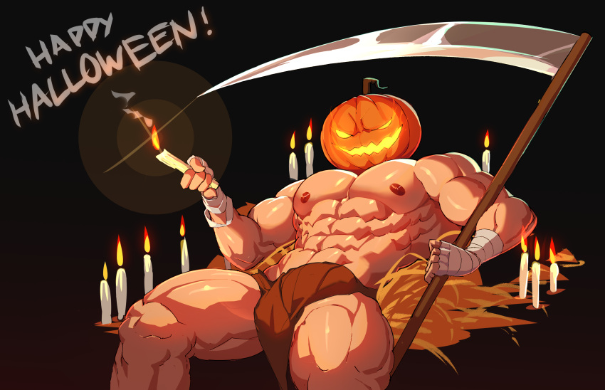 5_fingers abs absurd_res alternate_version_at_source areola bottomwear brown_bottomwear brown_clothing bulge candle candlelight clothed clothing fingers fire genital_outline glowing glowing_eyes halloween hand_wraps hay hi_res holding_candle holding_object holding_scythe holidays humanoid jack-o'-lantern light male melee_weapon muscular muscular_humanoid muscular_male nipples not_furry pecs penis_outline polearm pumpkin_head reclining scythe simple_background solo topless topless_male usingincognito weapon wraps