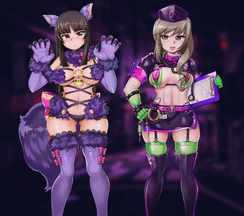 2girls abs animal_ears animal_hands back_bow bangs belt bikini black_eyes black_footwear black_hair black_headwear black_skirt blunt_bangs blush bol_factory boots bow bow_legwear breasts brown_eyes brown_hair claw_pose claws clipboard closed_mouth commentary cosplay cuffs elbow_gloves fate/grand_order fate_(series) florence_nightingale_(fate) florence_nightingale_(fate)_(cosplay) florence_nightingale_(trick_or_treatment)_(fate) florence_nightingale_(trick_or_treatment)_(fate)_(cosplay) frown fur-trimmed_gloves fur-trimmed_legwear fur-trimmed_thighhighs fur_bikini fur_collar fur_trim garter_straps girls_und_panzer gloves green_bikini green_gloves green_thighhighs hair_over_shoulder half-closed_eyes halloween halloween_costume hand_on_hip handcuffs hat highres holding holding_clipboard lace-trimmed_legwear lace-trimmed_thighhighs lace_trim large_breasts layered_bikini long_hair looking_at_viewer lowleg lowleg_bikini mash_kyrielight mash_kyrielight_(dangerous_beast) mash_kyrielight_(dangerous_beast)_(cosplay) mature_female microskirt midriff miniskirt multiple_girls navel nishizumi_shiho nurse_cap o-ring o-ring_top paw_gloves pink_belt pink_bow purple_belt purple_bikini purple_gloves purple_tail purple_thighhighs revealing_clothes rubber_gloves shimada_chiyo short_sleeves shrug_(clothing) side-by-side side-tie_bikini_bottom skindentation skirt smile standing straight_hair string_bikini swimsuit syringe tail thigh_boots thighhighs thighhighs_under_boots wolf_ears wolf_girl wolf_tail