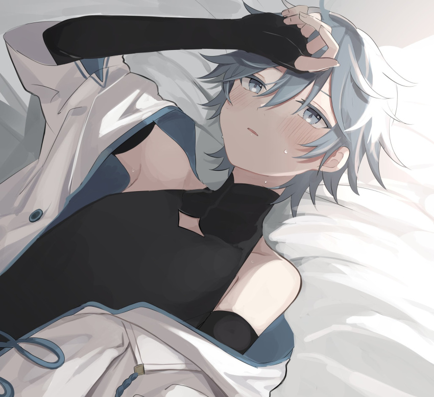 1boy arm_up bangs bare_shoulders bed black_gloves black_shirt blue_eyes blue_hair blush chongyun_(genshin_impact) collarbone commentary_request covered_collarbone elbow_gloves eyelashes fingerless_gloves genshin_impact gloves hair_between_eyes highres hood hood_down hoodie indoors looking_at_viewer lying male_focus on_back on_bed open_clothes open_hoodie parted_lips shirt short_hair short_sleeves sidelocks sleeveless sleeveless_shirt solo sweat upper_body white_hoodie yoko_(nz_g)