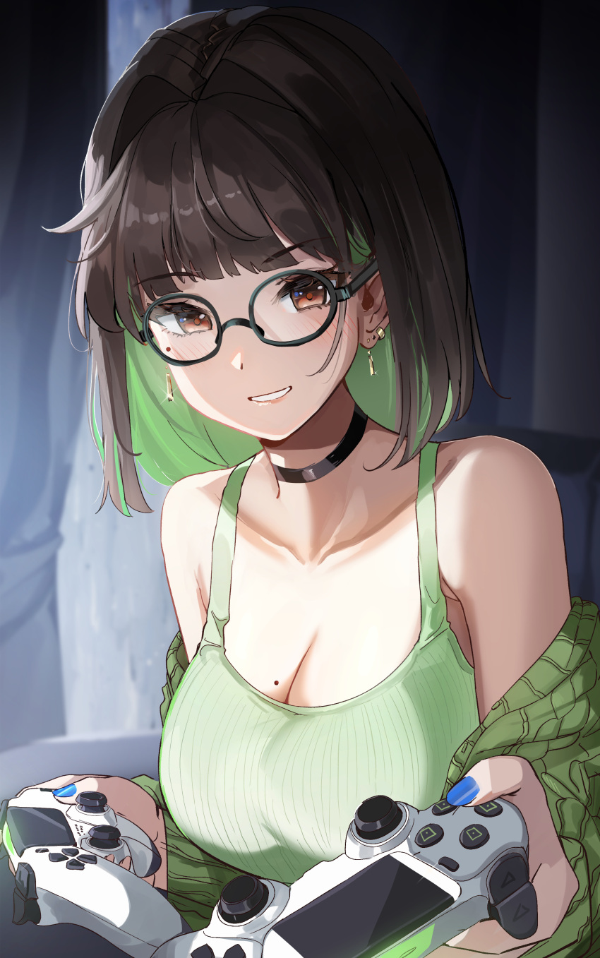 1girl absurdres bangs black_choker black_hair blush breasts brown_hair choker cleavage collarbone colored_inner_hair controller ear_piercing earrings english_commentary game_controller glasses green_hair green_sweater green_tank_top grin highres holding holding_controller holding_game_controller jewelry large_breasts long_hair looking_at_viewer medium_hair miru_(ormille) mole mole_on_breast mole_under_eye multicolored_hair nail_polish original ormille piercing smile solo sweater tank_top teeth two-tone_hair upper_body