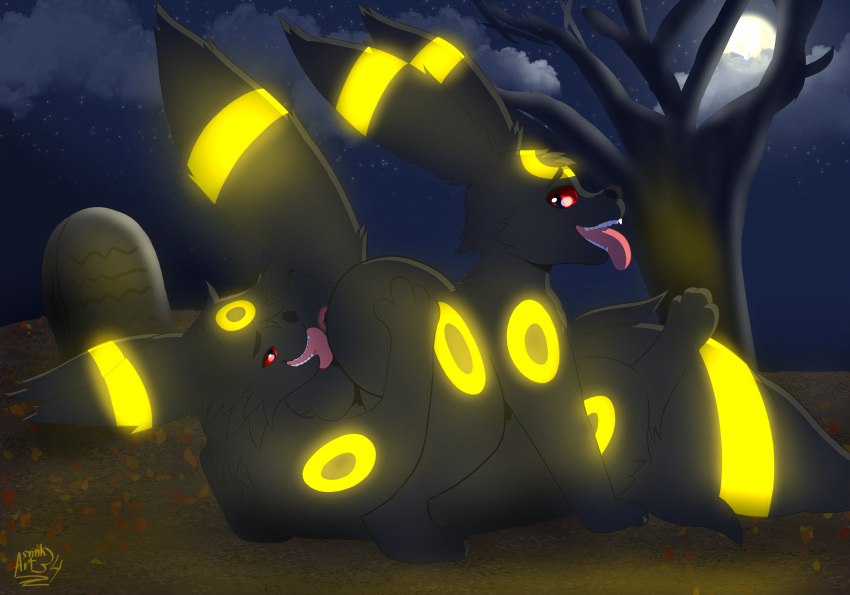 2022 69_position absurd_res anal anus asvinkart-34 balls butt butt_grab canid canine cemetery cloud dark_grey_fur dark_pupils digital_drawing_(artwork) digital_media_(artwork) duo eeveelution feral fluffy fluffy_tail fur generation_2_pokemon genitals hand_on_butt hi_res licking light looking_at_another looking_at_partner looking_pleasured male male/male mammal moon moonlight narrowed_eyes night nintendo oral paws plant pokemon pokemon_(species) red_eyes rimming sex snout teeth tombstone tongue tongue_out tree umbreon video_games yellow_body yellow_fur