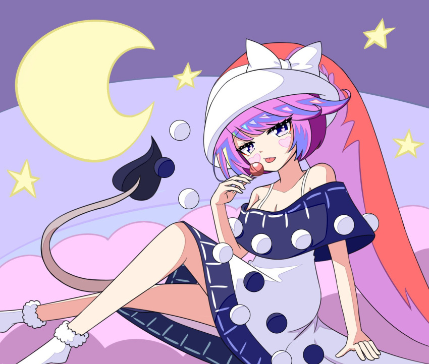 1girl black_capelet blue_eyes candy capelet closed_mouth crescent_moon doremy_sweet dress food full_body fur_trim hat heart heart-shaped_pupils highres holding holding_candy holding_food holding_lollipop lollipop looking_at_viewer moon nightcap pom_pom_(clothes) purple_hair red_headwear short_hair sitting socks solo star_(symbol) symbol-shaped_pupils tongue tongue_out touhou white_dress white_socks zenji029