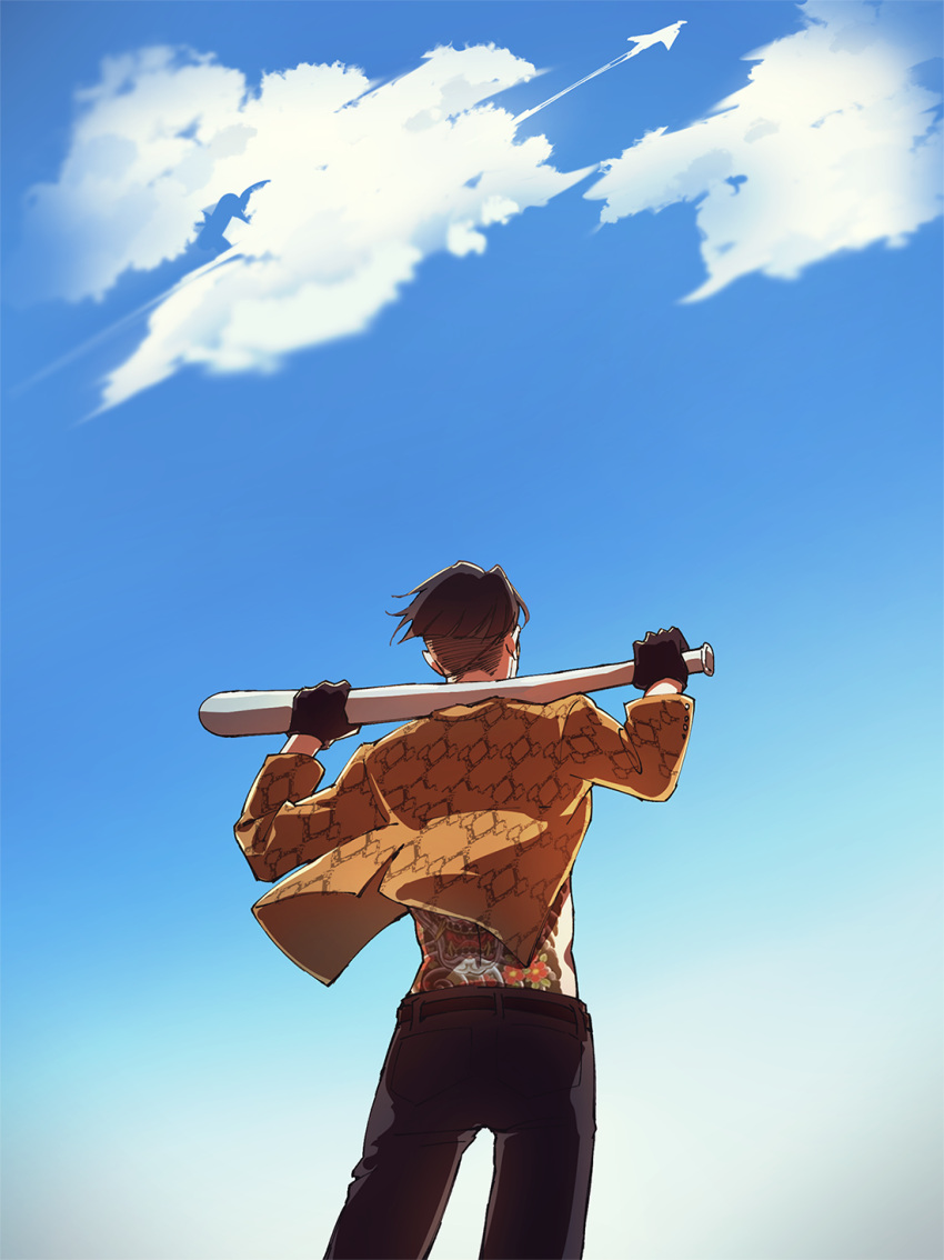 1boy back_peek back_tattoo baseball_bat belt black_belt black_gloves black_pants blue_background blue_sky bowl_cut brown_hair cho_(chorion) cloud from_behind from_below gloves highres holding holding_baseball_bat irezumi jacket long_sleeves majima_gorou male_focus metal_baseball_bat pants print_jacket ryuu_ga_gotoku_(series) short_hair sky sky_background snake_print solo tattoo very_short_hair yellow_jacket