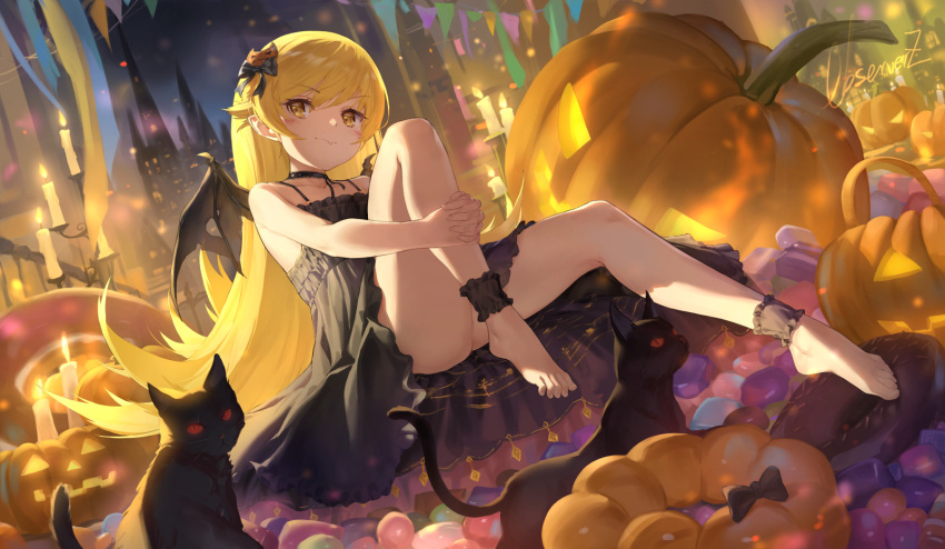 1girl animal ankle_cuffs artist_name barefoot bat_wings black_cat black_choker black_dress black_wings blonde_hair candle cat choker commentary dress hair_ornament halloween highres jack-o'-lantern jack-o'-lantern_hair_ornament legs long_hair monogatari_(series) observerz oshino_shinobu pumpkin sitting solo toes wings yellow_eyes