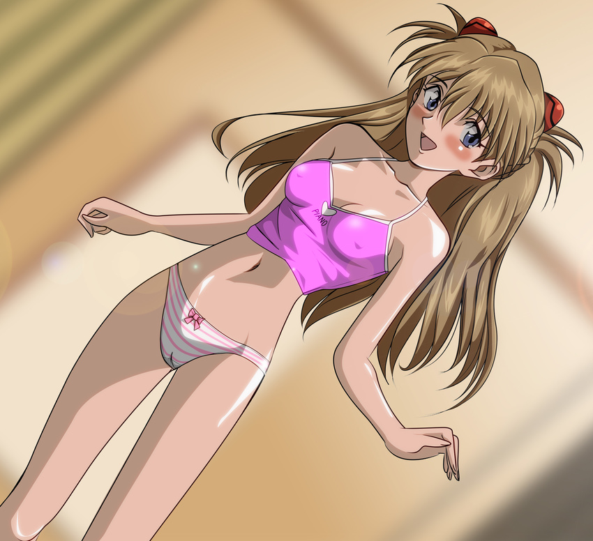 blue_eyes blush bow bow_panties breasts brown_hair cameltoe camisole covered_nipples evangelion:_2.0_you_can_(not)_advance gentoku highres long_hair long_legs neon_genesis_evangelion no_pants panties rebuild_of_evangelion shikinami_asuka_langley small_breasts solo souryuu_asuka_langley striped striped_panties underwear