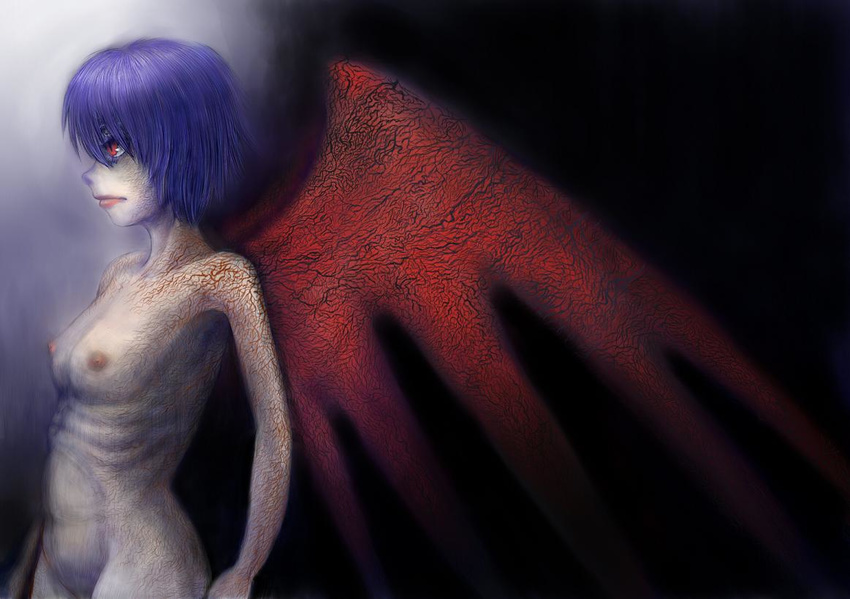 aouji blue_hair horror_(theme) nude red_eyes remilia_scarlet ribs short_hair solo touhou wings