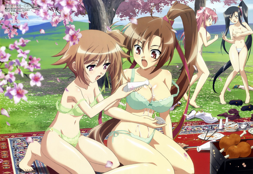 :d :o absurdres ahoge alcohol bachou barefoot batai black_hair blanket blush bra breast_hold breasts brown_eyes brown_hair cherry_blossoms cleavage day embarrassed feet flat_chest flower food grass green_bra green_panties hair_flower hair_ornament hair_ribbon highres hiratsuka_tomoya kan'u kneeling koihime_musou large_breasts lingerie long_hair megami messy multiple_girls naughty_face official_art open_mouth outdoors panties petals pink_eyes pink_hair pink_panties ponytail ribbon ryuubi sake scan side-tie_panties side_ponytail sideboob sitting smile spill standing strap_slip surprised thong topless tree underwear underwear_only v very_long_hair wet white_panties