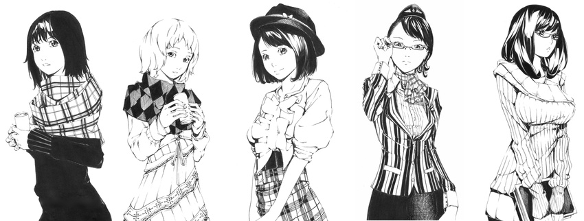 can fashion glasses greyscale hat highres monochrome multiple_girls original pantyhose pencil_skirt short_hair skirt sousou_(sousouworks) stewardess sweater uniform