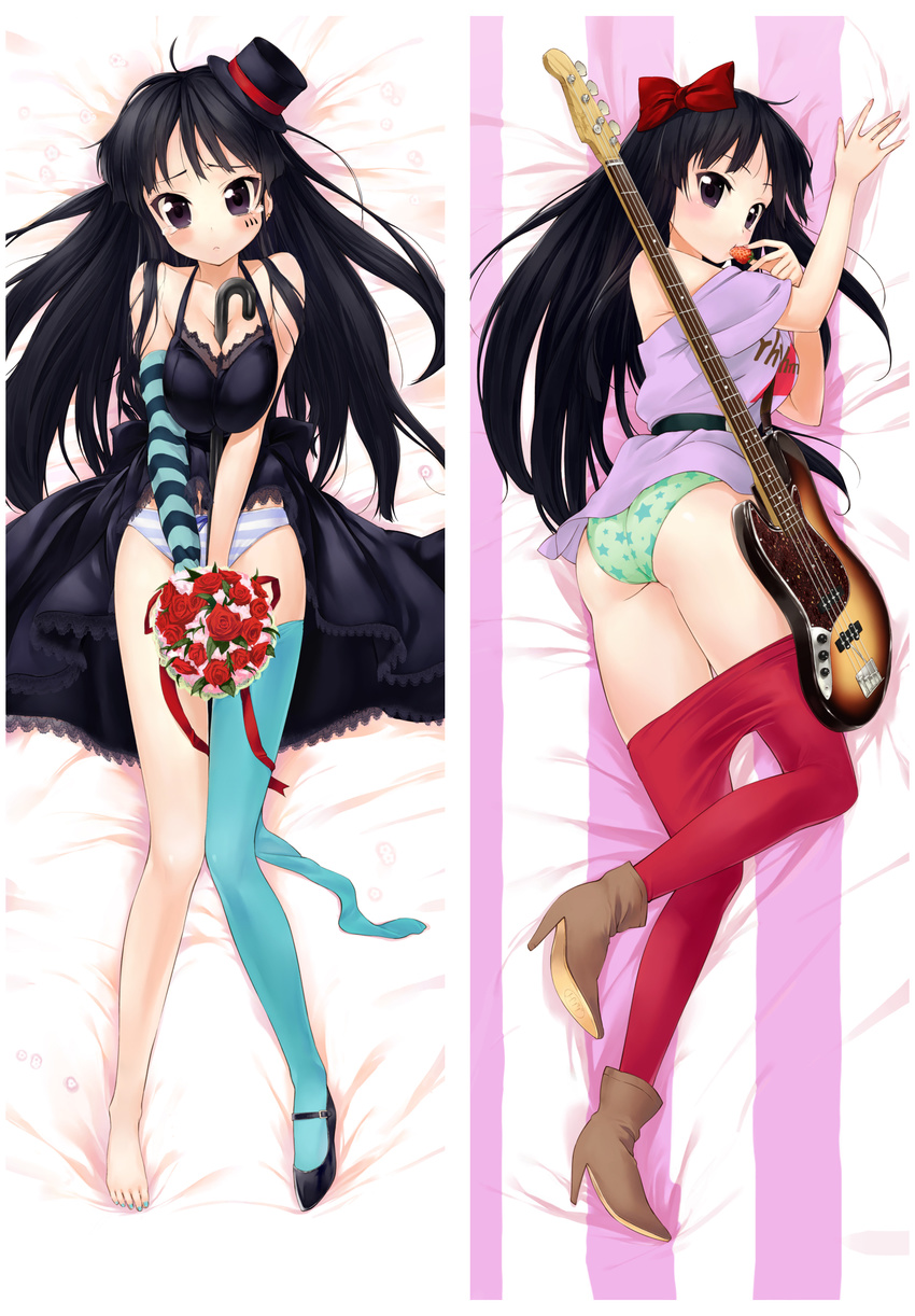 akiyama_mio ass asymmetrical_clothes bare_shoulders barefoot bass_guitar between_breasts black_eyes black_hair blue_legwear blue_nails blush boots bouquet bow breast_squeeze breasts cane cleavage dakimakura don't_say_"lazy" feet flower food fruit hair_bow hat highres instrument k-on! listen!! long_hair looking_back medium_breasts mini_hat mini_top_hat multiple_views nail_polish panties pantyhose pantyhose_pull pink_nails print_panties red_legwear shoes single_shoe single_sock single_thighhigh socks star star_print strawberry striped striped_panties tears thighhighs toenail_polish toes top_hat u_(the_unko) underwear