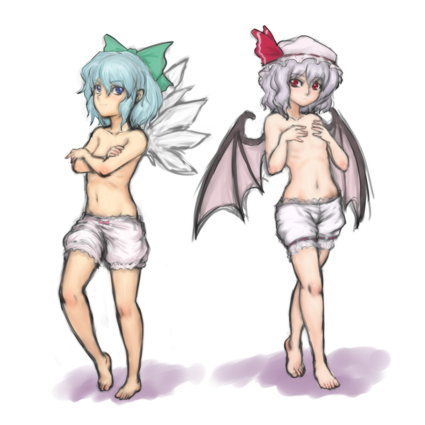 barefoot bat_wings bloomers blue_eyes blue_hair bow child cirno covering feet flat_chest hair_bow hands hat kuro_suto_sukii multiple_girls navel purple_hair red_eyes remilia_scarlet short_hair topless touhou underwear wings