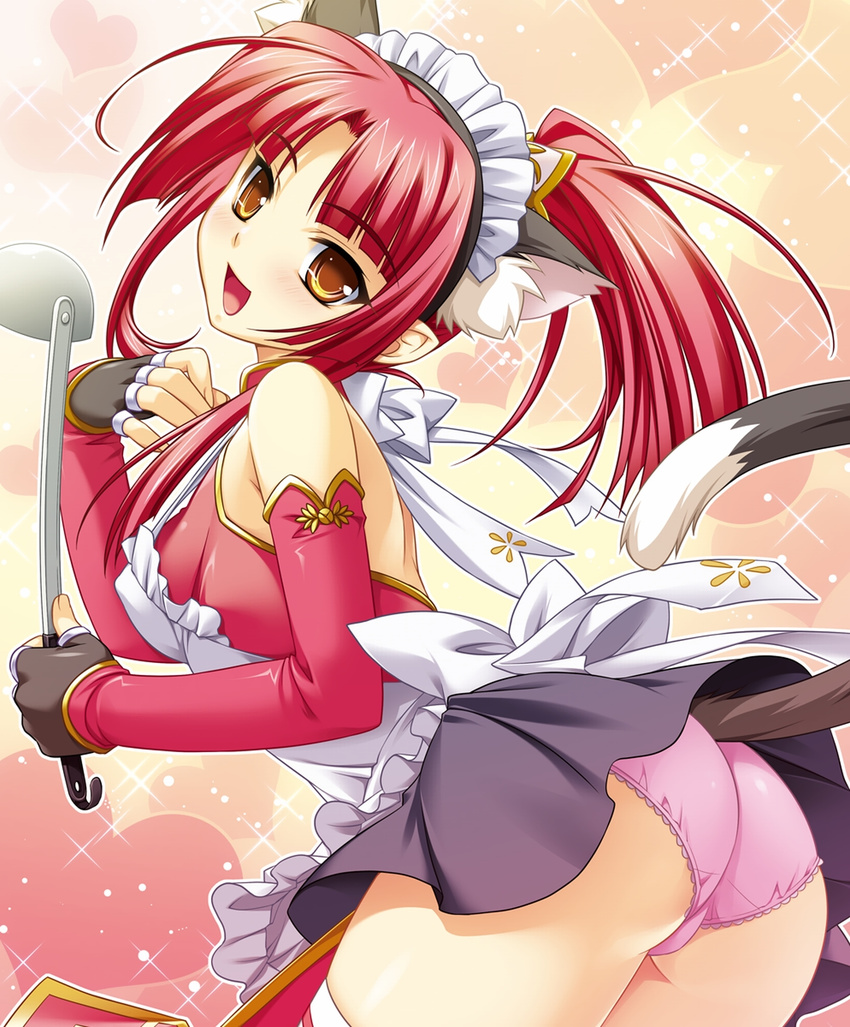 :d animal_ears apron ass bare_shoulders cat_ears cat_tail detached_sleeves fingerless_gloves gloves highres koihime_musou kousonsan ladle looking_back maid_headdress open_mouth panties pink_hair ponytail saeki_hokuto smile solo sparkle tail trefoil underwear