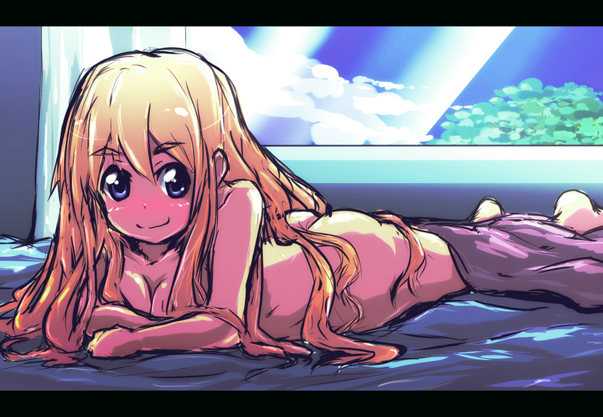 ass barefoot bed blonde_hair blue_eyes blush breasts cleavage face foreshortening k-on! kotobuki_tsumugi letterboxed long_hair lying medium_breasts nude on_stomach sketch smile solo tom_(drpow)