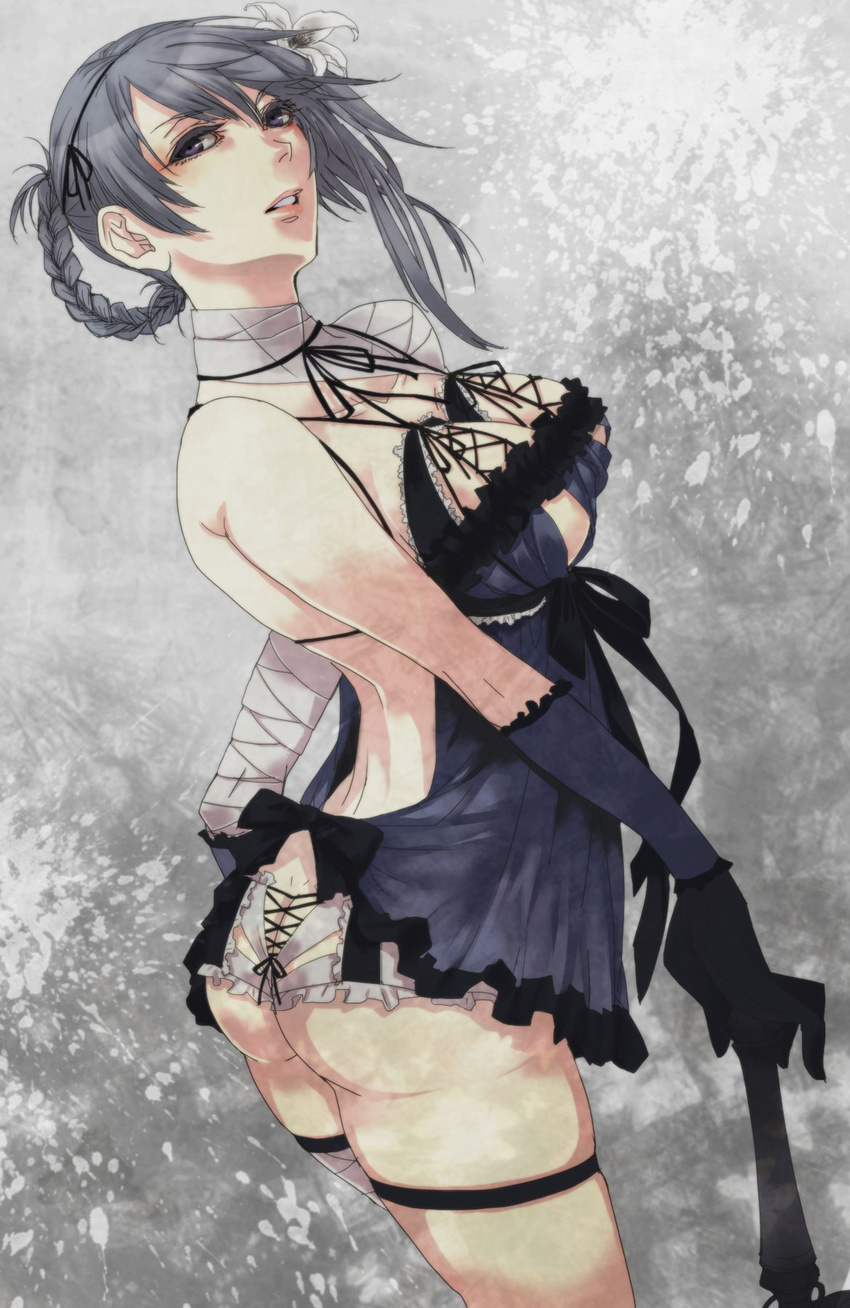 ass back backless_outfit bad_anatomy bare_back blue_eyes blue_hair braid breasts butt_crack frilled_panties frills gloves grey_hair highres kaine_(nier) large_breasts lingerie lips looking_back md5_mismatch negligee nier nier_(series) panties rui_yuda solo thigh_strap underwear white_panties