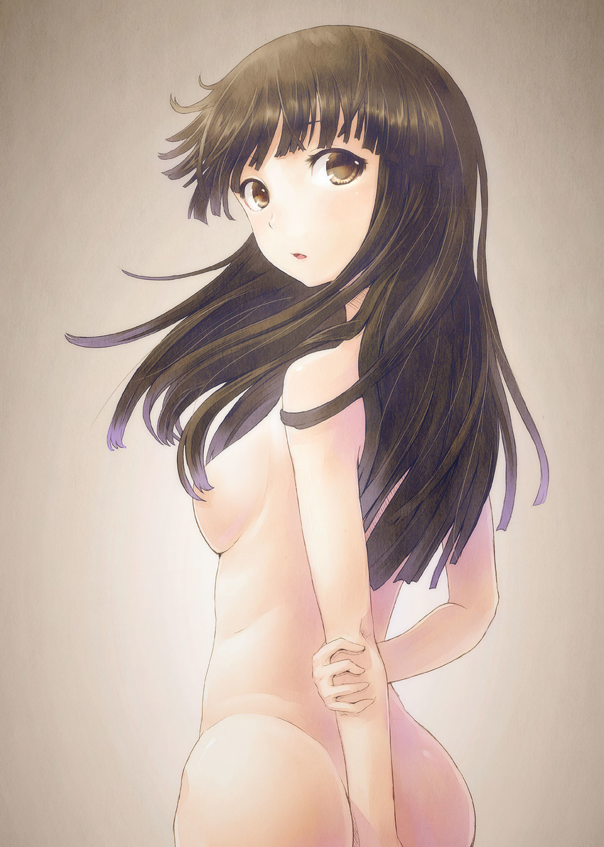 :o arms_behind_back ass bangs breasts brown_eyes brown_hair from_behind hair_censor hair_over_breasts highres holding_arm hyuuga_azuri long_hair looking_back nude open_mouth original small_breasts solo