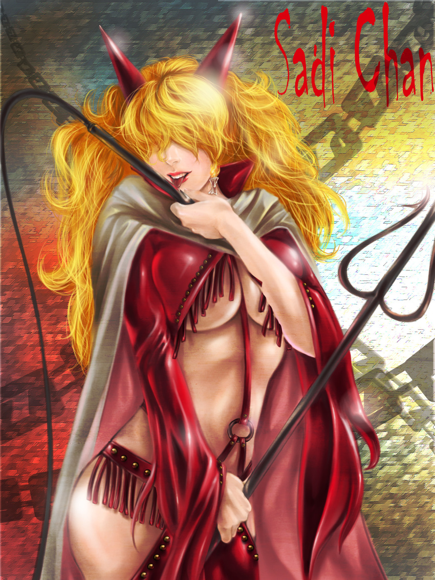 blonde_hair breasts chain character_name cloak earrings flapper_shirt fringe_trim hair_over_eyes highres horns jakuroi jewelry large_breasts licking licking_weapon lipstick long_hair makeup one_piece polearm realistic revealing_clothes sadi-chan shirt tongue trident underboob weapon whip
