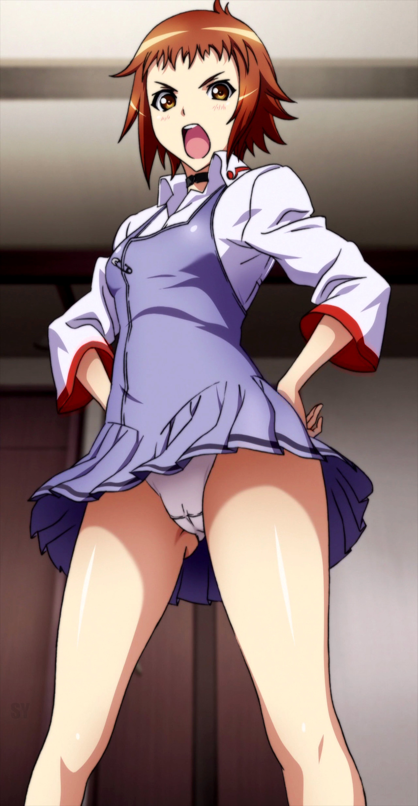 absurdres angry bangs breasts brown_eyes brown_hair cameltoe choker hands_on_hips highres katsuragi_hana looking_at_viewer official_art open_mouth panties pantyshot screencap seikon_no_qwaser short_hair skirt small_breasts solo stitched third-party_edit underwear upskirt white_panties