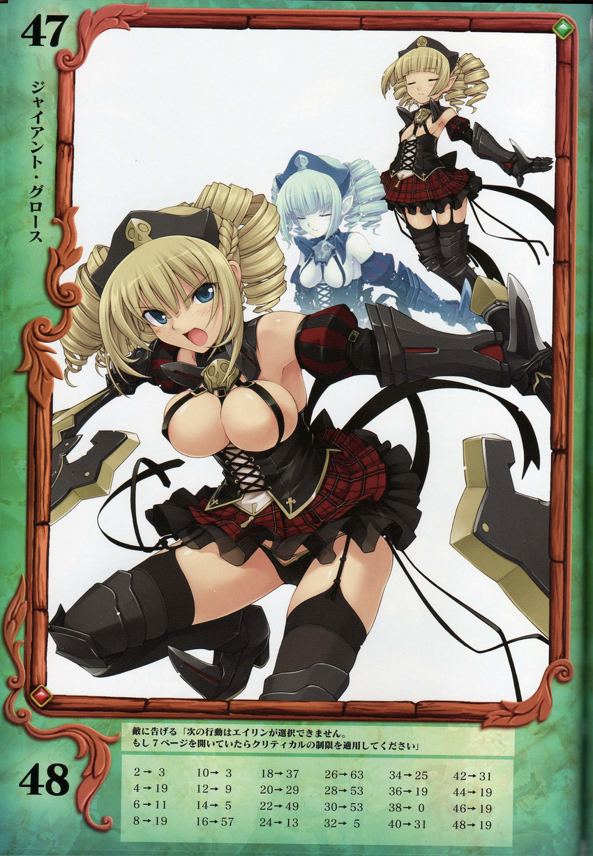 absurdres axe black_panties blonde_hair blue_eyes breast_expansion breasts drill_hair garter_straps highres large_breasts miniskirt non-web_source older panties plaid plaid_skirt pointy_ears queen's_blade queen's_blade_rebellion skirt thighhighs underwear weapon ymir_(queen's_blade) zettai_ryouiki