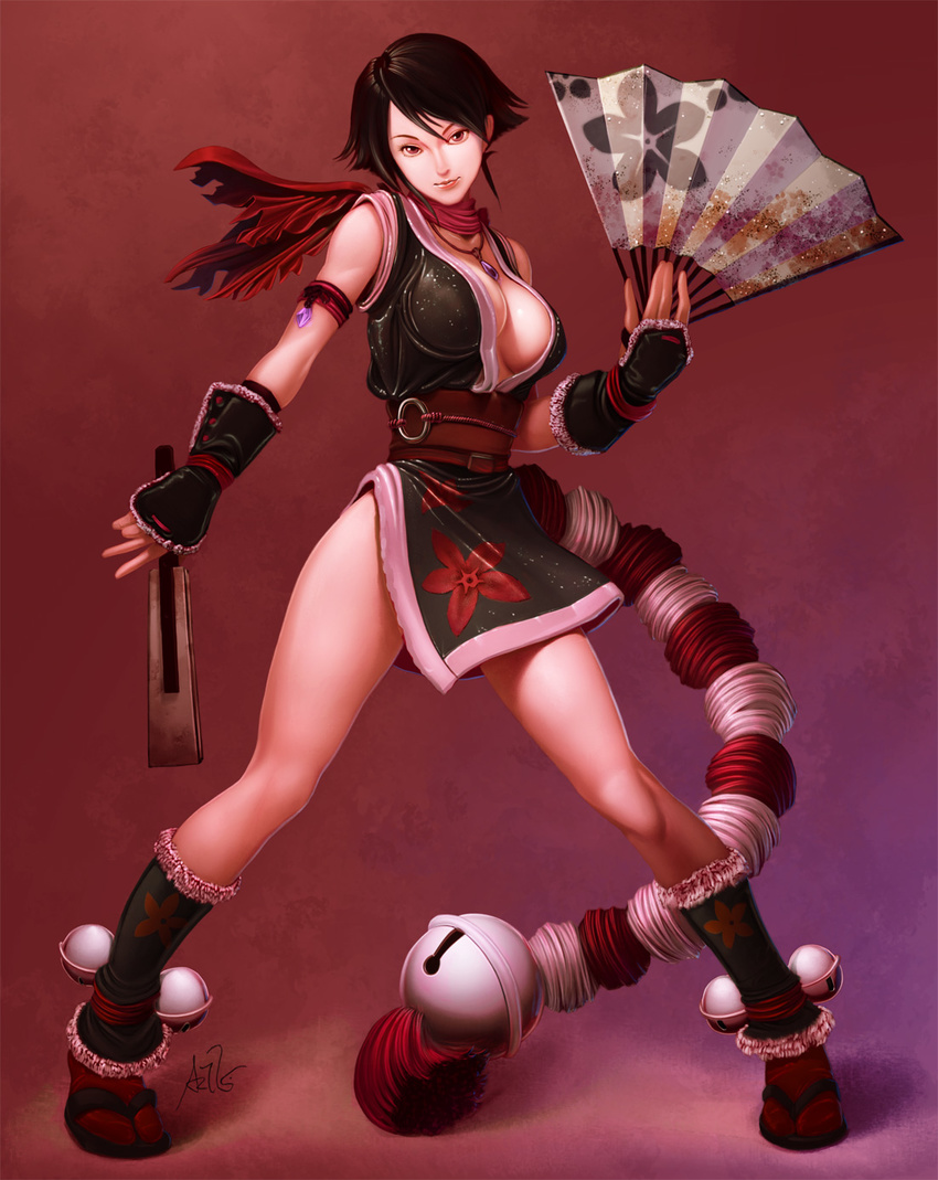 alternate_costume alternate_hairstyle andrew_hibner armband black_hair breasts cleavage closed_fan derivative_work dual_wielding fan fatal_fury folding_fan gloves highres holding japanese_clothes large_breasts lipstick makeup ninja pelvic_curtain recolor red_eyes scarf shiranui_mai short_hair simple_background solo stanley_lau the_king_of_fighters