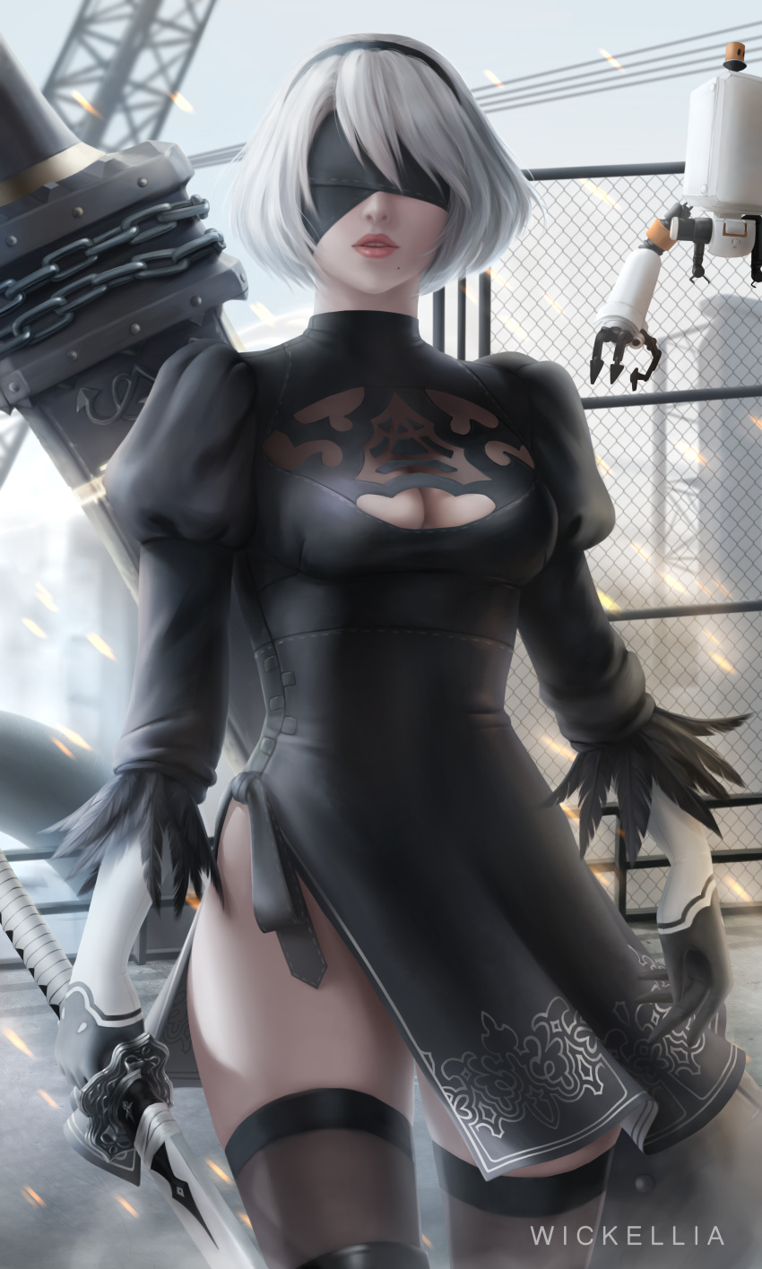 cleavage dress nier_automata sword thighhighs wickellia yorha_no.2_type_b