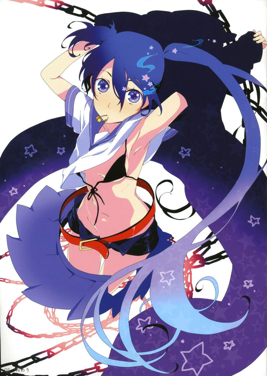absurdres armpits arms_up belt bikini_top black_rock_shooter black_rock_shooter_(character) blue_eyes blue_hair coat flat_chest from_above highres kuroi_mato long_hair looking_up loose_belt midriff mouth_hold navel numeri scan scar school_uniform serafuku shorts skirt solo twintails undressing very_long_hair