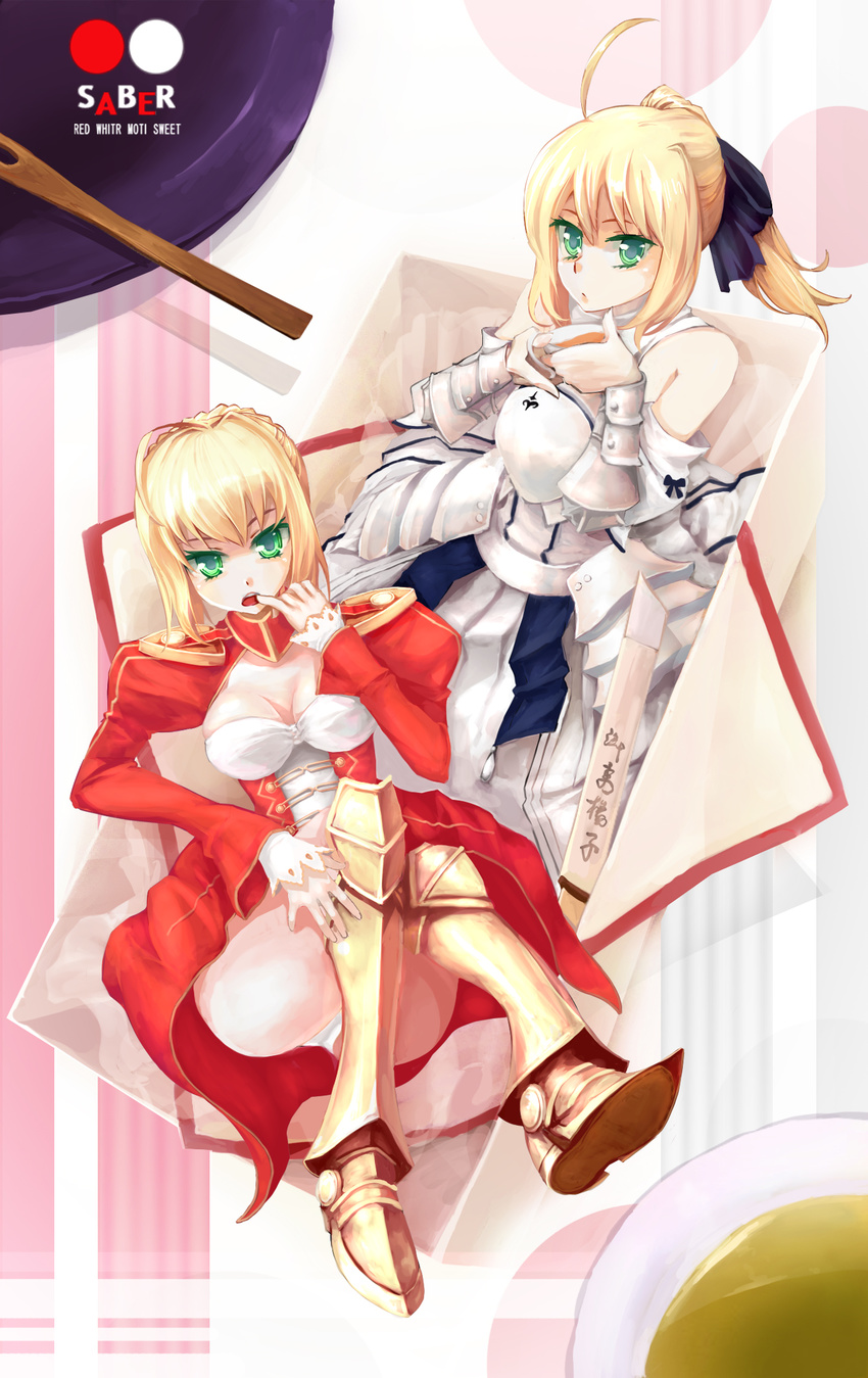 ahoge armor armored_dress artoria_pendragon_(all) bad_id bad_pixiv_id blonde_hair box cup dress engrish fate/extra fate/stay_night fate/unlimited_codes fate_(series) faulds green_eyes hair_ribbon highres kibanda_gohan multiple_girls nero_claudius_(fate) nero_claudius_(fate)_(all) panties ponytail ranguage ribbon saber saber_lily underwear white_panties