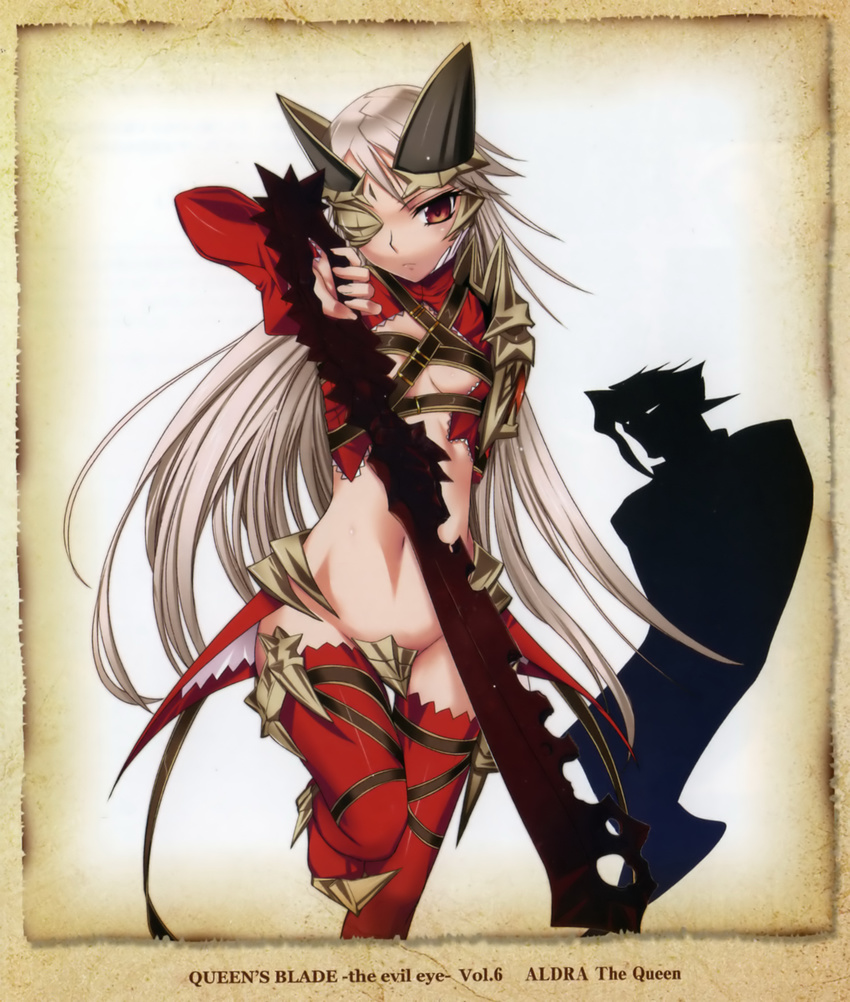absurdres aldra_(queen's_blade) beltbra breasts character_name copyright_name eyepatch highres kantaka long_hair medium_breasts midriff navel official_art queen's_blade red_eyes silver_hair solo sword thighhighs underboob weapon white_hair yellow_eyes