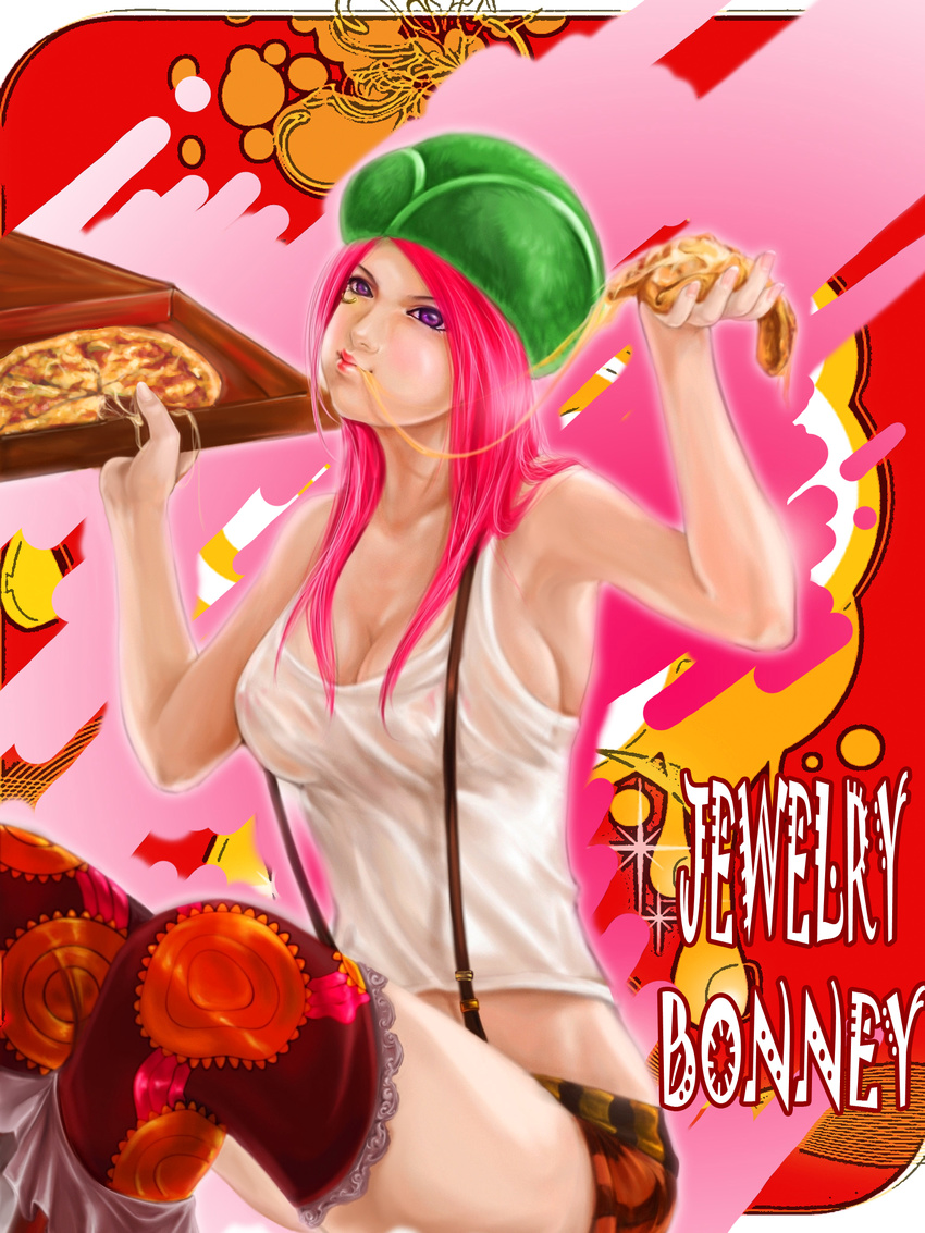 breasts character_name cleavage eating food hat highres holding_pizza jakuroi jewelry_bonney large_breasts long_hair midriff one_piece pink_hair pizza purple_eyes realistic shorts suspenders thighhighs