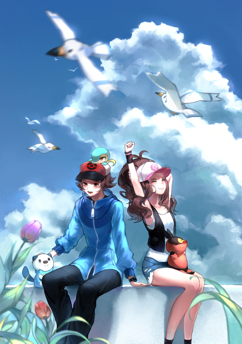 1boy 1girl absurdres arm_support baseball_cap black_pants black_vest blue_jacket brown_eyes brown_hair closed_eyes closed_mouth cloud commentary_request day denim denim_shorts flower hat highres hilbert_(pokemon) hilda_(pokemon) jacket long_hair long_sleeves on_head open_mouth oshawott outdoors pants poke_ball_print pokemon pokemon_(creature) pokemon_(game) pokemon_bw pokemon_on_head purple_flower red_headwear shirt short_hair short_shorts shorts sidelocks sitting sky sleeveless sleeveless_shirt smile snivy starter_pokemon_trio stratocumuli stretching tepig vest white_shirt wingull wristband